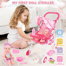 Load image into Gallery viewer, Multi-functional Foldable Doll Stroller Set with sunshade for 12" Doll Play Set with Doll Clothes, Toilet, Dining Plate, Diaper, and Bib for girls and toddlers 3+ years old