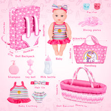 Load image into Gallery viewer, Baby Doll Bassinet Bed Backpack Playset includes a realistic baby doll, doll bassinet, backpack, handbag, doll clothes, feeding plate, toy bell and more for 3 4 5 6+ Year Old Kids Girls