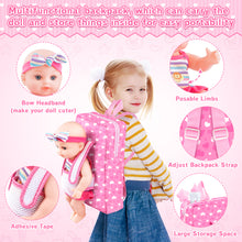 Load image into Gallery viewer, Baby Doll Bassinet Bed Backpack Playset includes a realistic baby doll, doll bassinet, backpack, handbag, doll clothes, feeding plate, toy bell and more for 3 4 5 6+ Year Old Kids Girls
