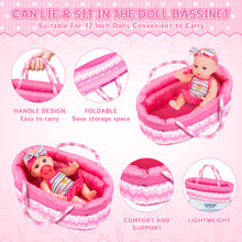 Load image into Gallery viewer, Baby Doll Bassinet Bed Backpack Playset includes a realistic baby doll, doll bassinet, backpack, handbag, doll clothes, feeding plate, toy bell and more for 3 4 5 6+ Year Old Kids Girls