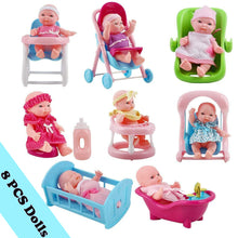 Load image into Gallery viewer, Set of 8 Mini 5" Baby Dolls with Accessories Including Stroller, Bathtub, Crib, High Chair, Walker and Much More!