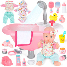Load image into Gallery viewer, Baby Doll Bath Play Set with Real Working Bathtub, Clothes and Bath Accessories, Small Baby Doll Bath Toys My First Baby Doll Bath Play Set is perfect for a little one who loves to nurture and take care of things