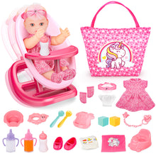 Load image into Gallery viewer, 2 in 1 Baby Doll Playset 20pcs Multi Functional Baby Doll Set Upgrade Baby Rocker Chair with Handbag Feeding Nursery Pretend Play Toy Great toys gifts for girls 3 4 5 6 7 8 years old.