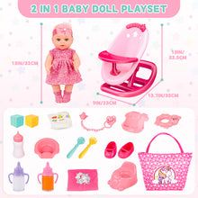 Load image into Gallery viewer, 2 in 1 Baby Doll Playset 20pcs Multi Functional Baby Doll Set Upgrade Baby Rocker Chair with Handbag Feeding Nursery Pretend Play Toy Great toys gifts for girls 3 4 5 6 7 8 years old.