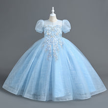 Load image into Gallery viewer, Girls Long Bubble Sleeve Sweet and Cute Long Mesh Fluffy Dress Wedding Flower Girl Costume Sequin Embroidered Tiered Puffy Tulle Princess Dress