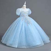Load image into Gallery viewer, Girls Long Bubble Sleeve Sweet and Cute Long Mesh Fluffy Dress Wedding Flower Girl Costume Sequin Embroidered Tiered Puffy Tulle Princess Dress