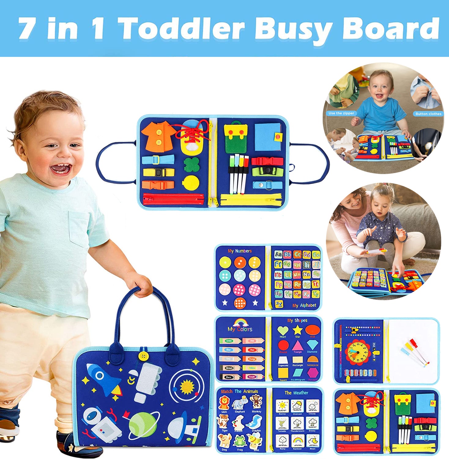 NathrBTV Busy Board 10 En 1 - Livre Montessori En Tissu, Fermeture Éclair, Lacet, Horloge - 1-4 Ans