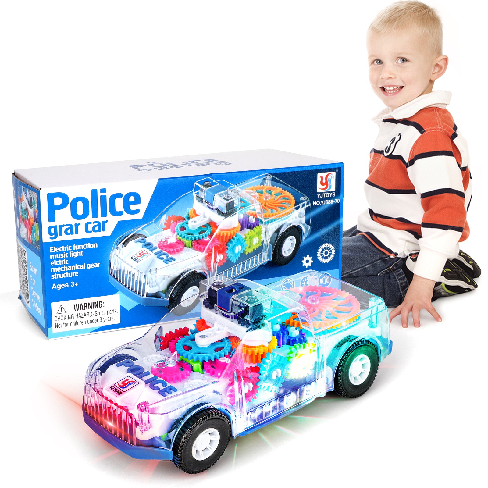 Electric Transparent Police Gear Car Toy 360 Rotating Car with Flashing Lights Siren Sounds Automatic Obstacle Avoidance and Visible Mechanical