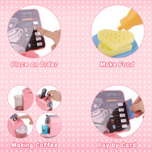 Load image into Gallery viewer, Coffee Shop Set with Coffee Maker Toy Menus Cash Register Toy Play Food Gift for Toddlers Boys Girls Aged 3+