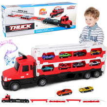 Load image into Gallery viewer, 2-in-1 Alloy Car Transport Truck Toy Set Versatile Foldable Catapult Race Track Set includes 10 Cars with Lights & Music Gift for Kids
