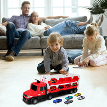 Load image into Gallery viewer, 2-in-1 Alloy Car Transport Truck Toy Set Versatile Foldable Catapult Race Track Set includes 10 Cars with Lights & Music Gift for Kids