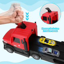 Load image into Gallery viewer, 2-in-1 Alloy Car Transport Truck Toy Set Versatile Foldable Catapult Race Track Set includes 10 Cars with Lights & Music Gift for Kids