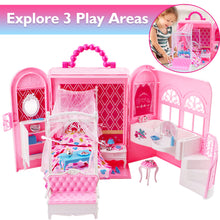 Load image into Gallery viewer, 2-in-1 Pink Portable Carry Case Handbag Dollhouse with Princess Deluxe Bedroom Furniture (Doll Not Included)Great Christmas Birthday Gift