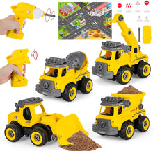 Load image into Gallery viewer, 4 Toy Cars Take Apart Construction Truck Toy with Drill and Remote Control Play Vehicle Toy Tractors Set for Toddlers