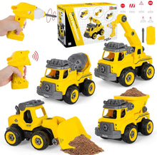 Load image into Gallery viewer, 4 Toy Cars Take Apart Construction Truck Toy with Drill and Remote Control Play Vehicle Toy Tractors Set for Toddlers