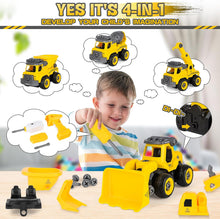 Load image into Gallery viewer, 4 Toy Cars Take Apart Construction Truck Toy with Drill and Remote Control Play Vehicle Toy Tractors Set for Toddlers