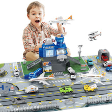 Load image into Gallery viewer, Interactive Aircraft Play Set for Kids with Big Battle Map Trucks aircraft tower and you get 2 airliners, 1 helicopter, aircraft trailer, aircraft lift, luggage truck, sports car, police car, ambulance and fire truck Military Toys for 3+