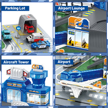 Load image into Gallery viewer, Interactive Aircraft Play Set for Kids with Big Battle Map Trucks aircraft tower and you get 2 airliners, 1 helicopter, aircraft trailer, aircraft lift, luggage truck, sports car, police car, ambulance and fire truck Military Toys for 3+