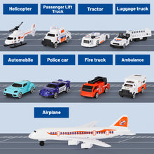 Load image into Gallery viewer, Interactive Aircraft Play Set for Kids with Big Battle Map Trucks aircraft tower and you get 2 airliners, 1 helicopter, aircraft trailer, aircraft lift, luggage truck, sports car, police car, ambulance and fire truck Military Toys for 3+