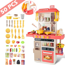 Load image into Gallery viewer, Pink Kitchen Playset Toy with Realistic Lights & Sounds Simulation of Spray Features Pretend Role Play Toys with Lots of Kitchen Accessories