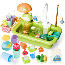 Load image into Gallery viewer, Green Frog Kitchen Play Sink with Running Water Pretend Play Wash-up Kitchen Sets Upgraded Water Faucet Kids Role Play Dishwasher Toy