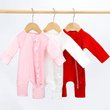 Load image into Gallery viewer, New Born Romper with Headband Baby Clothing Long Sleeve Crew Neck Frills Zipped  Jumpsuit and Headband Fall Clothes