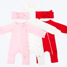 Load image into Gallery viewer, New Born Romper with Headband Baby Clothing Long Sleeve Crew Neck Frills Zipped  Jumpsuit and Headband Fall Clothes