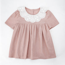 Load image into Gallery viewer, Little Girls Vintage Dress with Collar Lace Trim Toddlers Cotton Sateen Dress with Collar Children Fashion Loose Short-sleeved Casual Skirt Cotton and Linen Flower Spring Summer Casual Dress Lace Baby Girl Dress