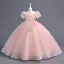 Load image into Gallery viewer, Girls Long Bubble Sleeve Sweet and Cute Long Mesh Fluffy Dress Wedding Flower Girl Costume Sequin Embroidered Tiered Puffy Tulle Princess Dress