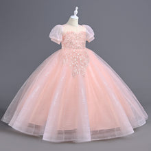 Load image into Gallery viewer, Girls Long Bubble Sleeve Sweet and Cute Long Mesh Fluffy Dress Wedding Flower Girl Costume Sequin Embroidered Tiered Puffy Tulle Princess Dress