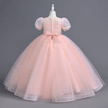 Load image into Gallery viewer, Girls Long Bubble Sleeve Sweet and Cute Long Mesh Fluffy Dress Wedding Flower Girl Costume Sequin Embroidered Tiered Puffy Tulle Princess Dress