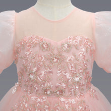 Load image into Gallery viewer, Girls Long Bubble Sleeve Sweet and Cute Long Mesh Fluffy Dress Wedding Flower Girl Costume Sequin Embroidered Tiered Puffy Tulle Princess Dress