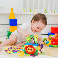 Load image into Gallery viewer, Baby Tissue Box Toy Baby Sensory Toys Early Year Educational Learning Baby Magic Tissue Box with Rattle Mirror Crinkle Tissue Papers Scarves