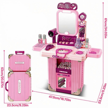 Load image into Gallery viewer, Kids Beauty Vanity Set with Suitcase Dressing Table Hair Salon Pretend Makeup & Hairdressing Toy Set Portable Dressing Table Princess Dress Up Playset Gift Toddler