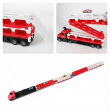Load image into Gallery viewer, 2-in-1 Alloy Car Transport Truck Toy Set Versatile Foldable Catapult Race Track Set includes 10 Cars with Lights & Music Gift for Kids