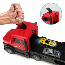 Load image into Gallery viewer, 2-in-1 Alloy Car Transport Truck Toy Set Versatile Foldable Catapult Race Track Set includes 10 Cars with Lights & Music Gift for Kids