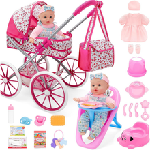 Load image into Gallery viewer, 12-inch Baby Doll Feeding Play Set with Stroller High Chair, Feeding Set, Clothes, Storage Bag, Complete Nursery Kit Pretend Play Set Gift for Kids 3+