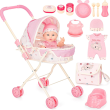 Load image into Gallery viewer, Kids Doll Stroller Set – 31cm Baby Doll, Pushchair & Full Accessory Kit – Pretend Play Toy