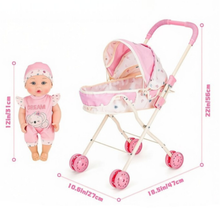Load image into Gallery viewer, Kids Doll Stroller Set – 31cm Baby Doll, Pushchair & Full Accessory Kit – Pretend Play Toy