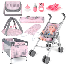 Load image into Gallery viewer, 5 in 1 Baby Doll Pretend Accessories Play Set Pink Baby Doll Pushchair Cot Play Mat Travel Vag Set fits to 12",13",14" Doll (doll not included)