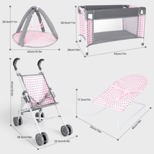 Load image into Gallery viewer, 5 in 1 Baby Doll Pretend Accessories Play Set Pink Baby Doll Pushchair Cot Play Mat Travel Vag Set fits to 12",13",14" Doll (doll not included)