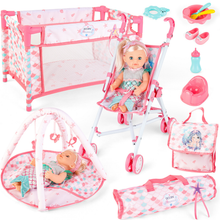 Load image into Gallery viewer, Deluxe Mermaid-Themed Baby Doll Playset Includes Stroller, Crib, Play Mat, Potty, Feeding Accessories, and Mermaid Outfit Perfect Gift for Girls' Role-Playing, Birthday, or Christmas