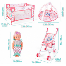 Load image into Gallery viewer, Deluxe Mermaid-Themed Baby Doll Playset Includes Stroller, Crib, Play Mat, Potty, Feeding Accessories, and Mermaid Outfit Perfect Gift for Girls' Role-Playing, Birthday, or Christmas
