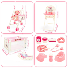 Load image into Gallery viewer, All‑in‑One Baby Doll Accessories Set with Crib, Stroller, High Chair & 10+ Essentials – Fits 18" Dolls