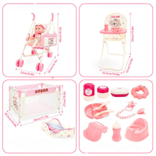 Load image into Gallery viewer, All‑in‑One Baby Doll Accessories Set with Crib, Stroller, High Chair & 10+ Essentials – Fits 18" Dolls