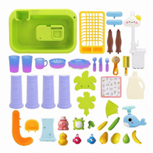 Load image into Gallery viewer, Beach Table & Simulation Kitchen Sink 2-in-1 Toy Set with Water Supply Function Simulation Dishwashing Set with Faucet Color-changing Tableware in Warm Water Children's Role Playing Toy with Accessories Gift