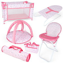Load image into Gallery viewer, Deluxe 4 -in-1 Baby Doll Accessories with toy high chair play mat toy crib toy baby swing crib and two portable bags£¨Doll not included£©