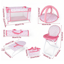 Load image into Gallery viewer, Deluxe 4 -in-1 Baby Doll Accessories with toy high chair play mat toy crib toy baby swing crib and two portable bags£¨Doll not included£©