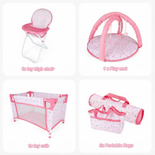 Load image into Gallery viewer, Deluxe 4 -in-1 Baby Doll Accessories with toy high chair play mat toy crib toy baby swing crib and two portable bags£¨Doll not included£©