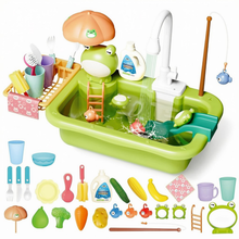 Load image into Gallery viewer, Green Frog Kitchen Play Sink with Running Water Pretend Play Wash-up Kitchen Sets Upgraded Water Faucet Kids Role Play Dishwasher Toy